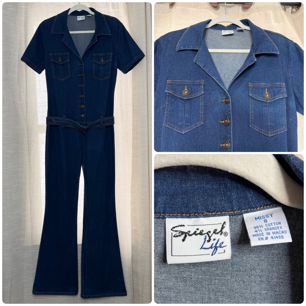 Vintage Y2K Spiegel Denim Jumpsuit Flare Leg Belted Drop Waist V Neck Size 8